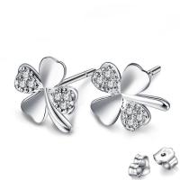 Rhinestone Ørering, Kobber-nikkellegeringer, Four Leaf Clover, platin farve forgyldt, for kvinde & med rhinestone, 9mm, Solgt af par