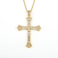 Cubic Zircon Micro Pave Mässing Halsband, Cross, guldfärg pläterade, micro bana cubic zirconia & för kvinna, 36x58mm, Såld Per Ca 19.68 inch Strand