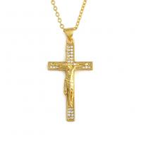 Collier en laiton cubique Zircon Micro Pave, Crucifix, Placage de couleur d'or, pavé de micro zircon & pour femme, 20x40mm, Vendu par Environ 19.68 pouce brin