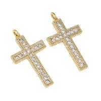 Kubik Zirkonium mikro bana Mässing hängande, Cross, med strass, gyllene, 44x26x4mm, Hål:Ca 2mm, Säljs av PC