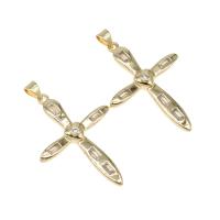 Cubique Pendentif en laiton zircon pavent, croix, avec strass, doré, 37x26x4mm, Trou:Environ 4mm, Vendu par PC