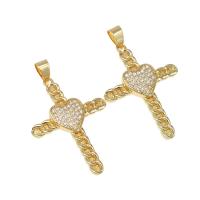 Cubic Zirconia Micro Pave bronze Pingente, cobre, Cruz, micro pavimento em zircônia cúbica, dourado, 36x26x3mm, Buraco:Aprox 6mm, vendido por PC