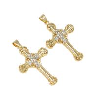 Cubic Zirconia Micro Pave bronze Pingente, cobre, Cruz, micro pavimento em zircônia cúbica, dourado, 34x22x3mm, Buraco:Aprox 6mm, vendido por PC