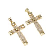 Cubic Zirconia Micro Pave bronze Pingente, cobre, Cruz, micro pavimento em zircônia cúbica, dourado, 32x20x4mm, Buraco:Aprox 4mm, vendido por PC