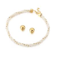 Titanium Staal Sieraden set, Stud Oorbel & halsketting, met Zoetwater Parel, gold plated, voor vrouw, wit, 18mm, Lengte Ca 18.11 inch, Verkocht door Stel