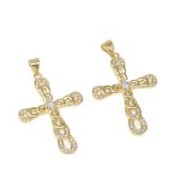 Cubic Zirconia Micro Pave bronze Pingente, cobre, Cruz, micro pavimento em zircônia cúbica, dourado, 32x23x4mm, Buraco:Aprox 4mm, vendido por PC