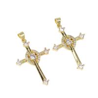 Cúbicos Circonia Colgante Latón Micro pavimenta, metal, Cruces, micro arcilla de zirconia cúbica, dorado, 34x24x3mm, agujero:aproximado 4mm, Vendido por UD