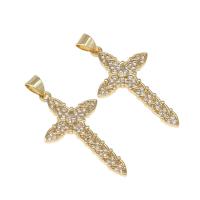 Cubic Zirconia Micro Pave bronze Pingente, cobre, Cruz, micro pavimento em zircônia cúbica, dourado, 32x18x3mm, Buraco:Aprox 4mm, vendido por PC