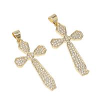 Cubic Zirconia Micro Pave bronze Pingente, cobre, Cruz, micro pavimento em zircônia cúbica, dourado, 32x17x2mm, Buraco:Aprox 4mm, vendido por PC