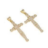 Cubic Zirconia Micro Pave bronze Pingente, cobre, Cruz, micro pavimento em zircônia cúbica, dourado, 32x17x2mm, Buraco:Aprox 4mm, vendido por PC