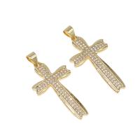 Cubic Zirconia Micro Pave bronze Pingente, cobre, Cruz, micro pavimento em zircônia cúbica, dourado, 31x17x2mm, Buraco:Aprox 4mm, vendido por PC