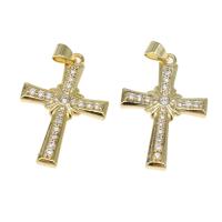 Cubique Pendentif en laiton zircon pavent, croix, pavé de micro zircon, doré, 30x20x3mm, Trou:Environ 4mm, Vendu par PC