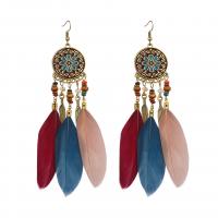 Mode Feather Earring, Zinc Alloy, met Seedbead & Veer & Hout, gold plated, geverfd & folk stijl & voor vrouw, meer kleuren voor de keuze, 120x20mm, Verkocht door pair