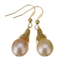 Pérolas de água doce brincos tipo gota, with Gold-filled, 14K cheio de ouro, para mulher, beige, 38mm,12x23mm, vendido por par