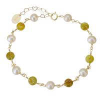 Bracciali braccialetto, with Gold-filled & perla d'acquadolce coltivata naturalmente, 14K pieno d'oro, per la donna, giallo, 6mm,5.5mm, Lunghezza Appross. 6 pollice, Venduto da PC