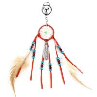 Zinc Alloy Key Clasp Velveteen with Feather & Wood & Zinc Alloy Dream Catcher reddish orange 24-29cm Sold By Lot