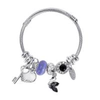 Roestvrij staal European Bangle, met zink legering kraal & Kristal, plated, Verstelbare & voor vrouw & met strass, meer kleuren voor de keuze, Binnendiameter:Ca 65mm, Verkocht door PC