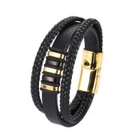 PU leder koord armbanden, met Roestvrij staal, gold plated, drie lagen & geverfd & voor de mens, zwart, 215mm, Verkocht door PC