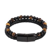 PU leder koord armbanden, met Lava & Tiger Eye & Roestvrij staal, plated, Dubbele laag & geverfd & verschillende materialen voor de keuze, meer kleuren voor de keuze, 215mm, Verkocht door PC