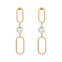 Titanium Stål Drop Earring, med Plastic Pearl, guldfarve belagt, for kvinde & hule, 14.80x72.50mm, Solgt af PC