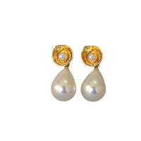 Brass Drop Earring with Plastic Pearl gold color plated for woman Sold By Pair