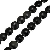 Sort obsidian perler, Flad Rund, sort, 12x6mm, Hole:Ca. 1mm, Solgt Per Ca. 15.5 inch Strand