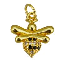 Messing hanger met micro-paved kubieke zirconia's, Honingbij, gold plated, micro pave zirconia, 13x14x3.50mm, Gat:Ca 3.5mm, 10pC's/Lot, Verkocht door Lot