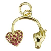 Messing hanger met micro-paved kubieke zirconia's, gold plated, micro pave zirconia, 15x14x2.50mm, Gat:Ca 3.5mm, 10pC's/Lot, Verkocht door Lot