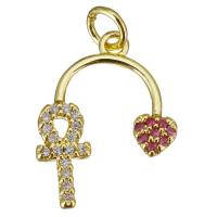 Messing hanger met micro-paved kubieke zirconia's, gold plated, micro pave zirconia, 15x19x2mm, Gat:Ca 3.5mm, 10pC's/Lot, Verkocht door Lot