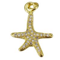 Terningformet Zirkon Micro Pave Messing vedhæng, Starfish, guldfarve belagt, Micro Pave cubic zirconia, 15x20x2mm, Hole:Ca. 2mm, 10pc'er/Lot, Solgt af Lot