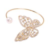 Zinc Alloy Cuff Bangle, med perle, Butterfly, for kvinde & med rhinestone, gylden, 80x65mm, Solgt af PC