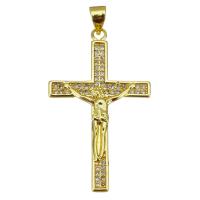 Messing hanger met micro-paved kubieke zirconia's, Crucifix Cross, gold plated, micro pave zirconia, 21x36x3mm, Gat:Ca 3.5mm, 10pC's/Lot, Verkocht door Lot