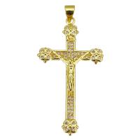 Messing tværs vedhæng, Krucifiks Cross, guldfarve belagt, Micro Pave cubic zirconia, 23x42x3mm, Hole:Ca. 3.5mm, 10pc'er/Lot, Solgt af Lot