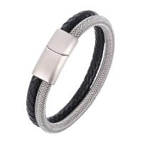 Lædersnor armbånd, Microfiber PU, med Stainless Steel, rustfrit stål magnetlås, sølvfarvet forgyldt, Dobbelt lag & Unisex & mesh kæde, sort, 6x2mm, Solgt af Strand