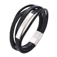 Bracciale corda in pelle, PU microfibra, with acciaio inox, in acciaio inox chiusura magnetica, placcato color argento, Patchwork & multistrato & Bracciale intrecciato & unisex, nero, 12x6mm, Venduto da filo