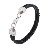 Leather Bracelet stainless steel lobster clasp silver color plated Double Layer & braided bracelet & Unisex black 4mm Sold By PC