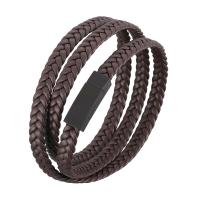 Läder Armband, rostfritt stål magnetlås, pistol svart pläterad, flerskikts & flätat armband & Unisex, brun, 6x3mm, Säljs av PC