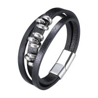 Leer Armband, roestvrij staal magnetische sluiting, silver plated, drie lagen & uniseks, zwart, 12x6mm, Verkocht door PC