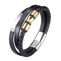 Cuero Pulsera, con acero inoxidable, acero inoxidable cierre magnético, chapado en color de plata, Remiendo & tres capas & pulsera trenzada & unisexo, Negro, 12x6mm, Vendido por UD