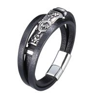 Leer Armband, met Roestvrij staal, roestvrij staal magnetische sluiting, silver plated, Lappendeken & drie lagen & uniseks, zwart, 12x6mm, Verkocht door PC