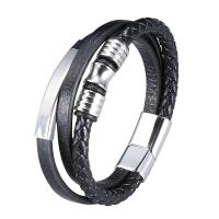 Cuero Pulsera, con acero inoxidable, acero inoxidable cierre magnético, chapado en color de plata, Remiendo & tres capas & pulsera trenzada & unisexo, Negro, 12x6mm, Vendido por UD