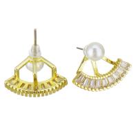 Oorjassen, Messing, met Plastic Pearl, gold plated, micro pave zirconia, 19x15mm, 10paren/Lot, Verkocht door Lot