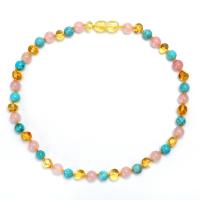 ambre collier, avec turquoise & quartz rose, poli, pour les enfants, couleurs mélangées, Longueur 32 cm, Vendu par PC