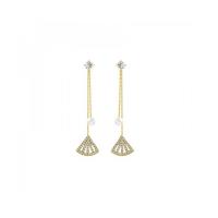 Fashion Fringe Boucles d'oreilles, alliage de zinc, avec perle de plastique, éventail, Placage de couleur d'or, pour femme & avec strass, doré, 57x13mm, Vendu par paire