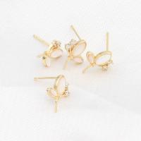 Prás Earring Post, le Shell, Féileacán, micrea réiteach zirconia ciúbach, órga, 13x10x2mm, Díolta De réir PC