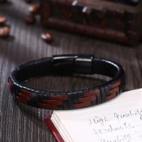 PU Leather Bracelet titanium steel magnetic clasp gun black plated woven pattern & for man brown Sold By PC