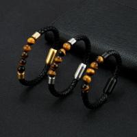 Lædersnor armbånd, Læder, med Tiger Eye, 316 rustfrit stål magnetlås, forgyldt, flettet armbånd & Unisex, flere farver til valg, 6x8mm, Længde Ca. 8.27 inch, Solgt af PC