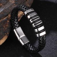 Lederen koord armband, Leer, met Roestvrij staal, silver plated, gevlochten armband & uniseks & verschillende grootte voor keus, zwart, 12x6mm, Verkocht door PC