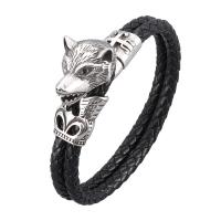 Cuero Pulsera, acero inoxidable hebilla de bloqueo, chapado en color de plata, Doble capa & pulsera trenzada & unisexo & diverso tamaño para la opción, Negro, 12x6mm, Vendido por UD