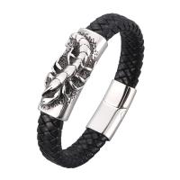 Leathar Chailleach bráisléad Corda, le Cruach dhosmálta, dath airgid plated, bracelet braided & unisex & méid éagsúla do rogha, dubh, 12x6mm, Díolta De réir PC